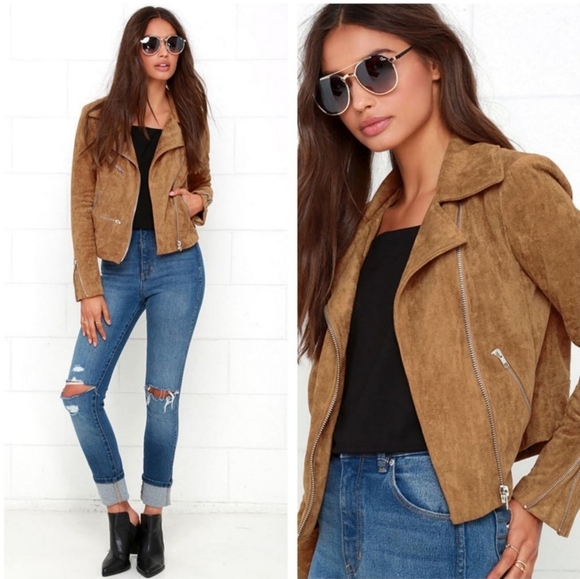 Lulus Faux Suede Moto Jacket Tan size S - Picture 2 of 11